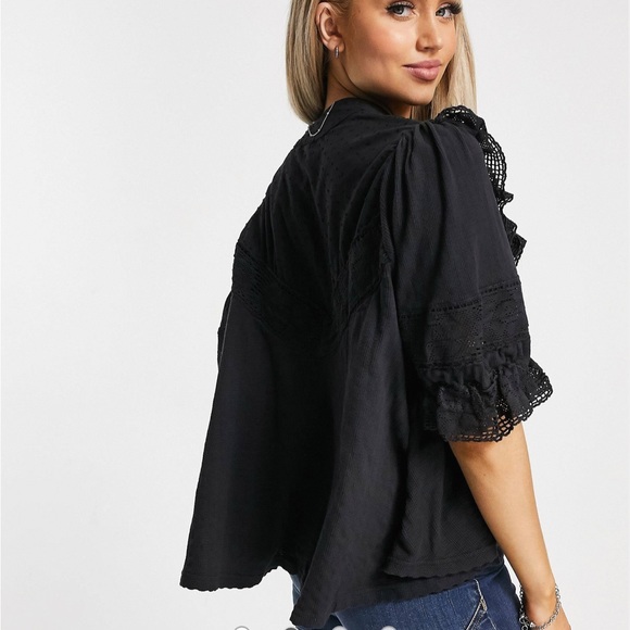 Free People Black Walk In The Park Lace Ruffle Top NWT XS - Picture 4 of 7